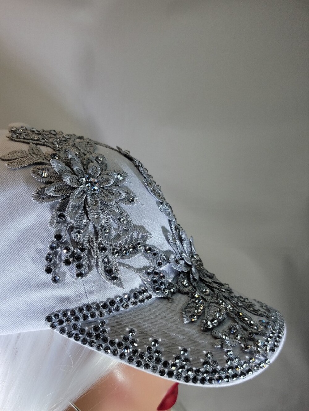 Embellished White Floral Rhinestone Baseball Cap - Picture 3 of 11